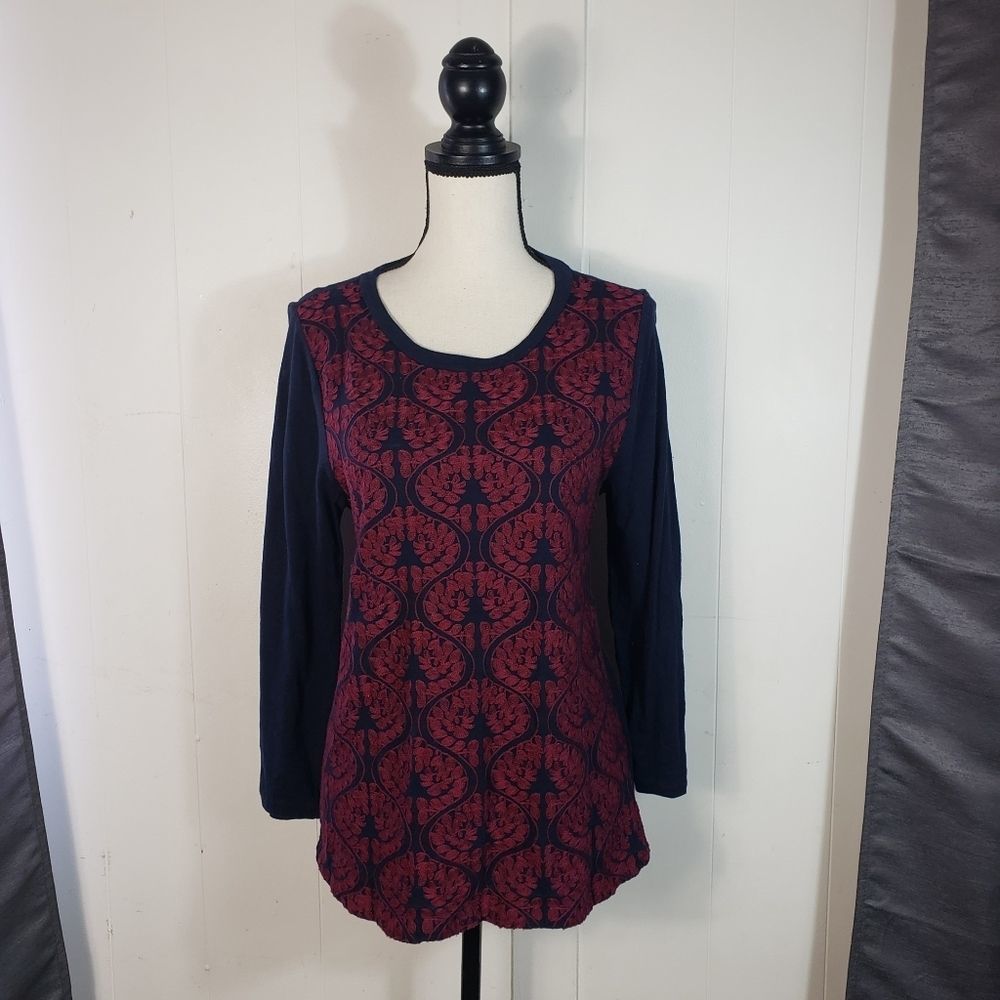 J. CREW Red Navy Blue Embroidered Brocade Sweater Size Medium